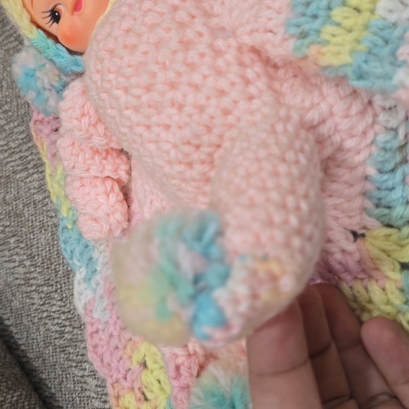 Vintage Pastel Crocheted Baby Doll Lovey Blanket Toy - Picture 9 of 12